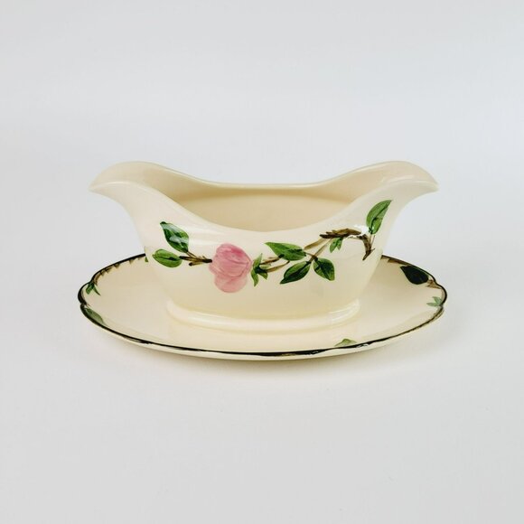 Franciscan Desert Rose Gravy Boat & Plate Pink Floral Hand Painted c.1949-53 USA - Picture 2 of 10